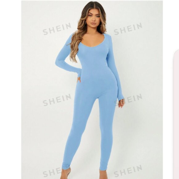 SHEIN SXY Solid V Neck Unitard Jumpsuit - Picture 1 of 2